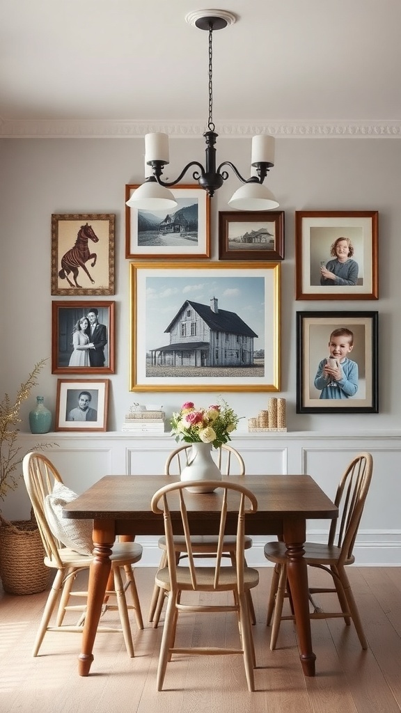 A modern farmhouse dining area with a wooden table, chairs, and a gallery wall of framed photos and artwork.
