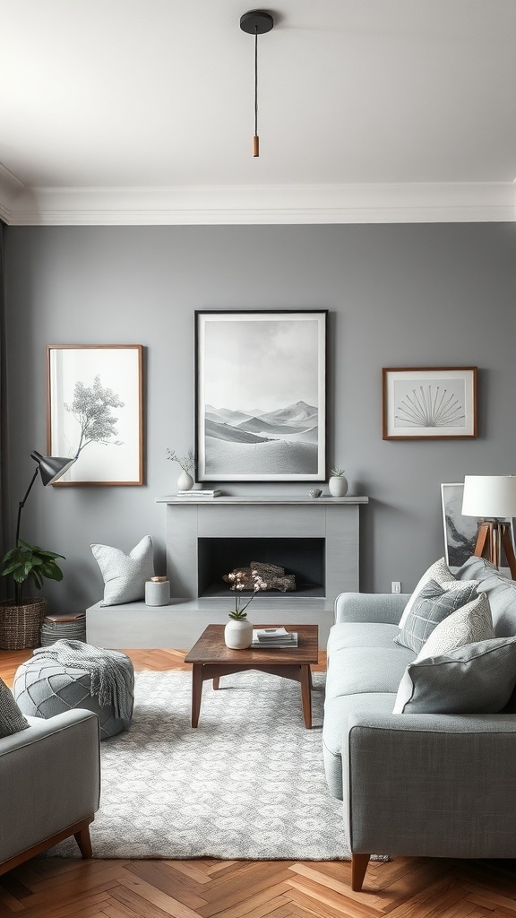 Grey farmhouse living room with artful wall decor in grey tones.