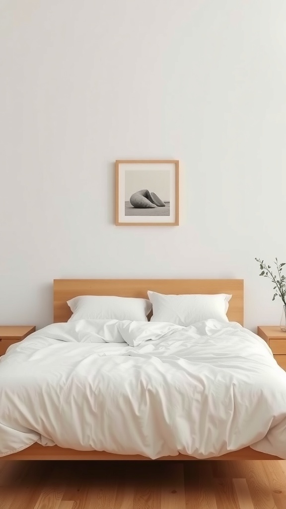 A minimalist bedroom featuring a simple framed artwork above a wooden bed with white bedding.