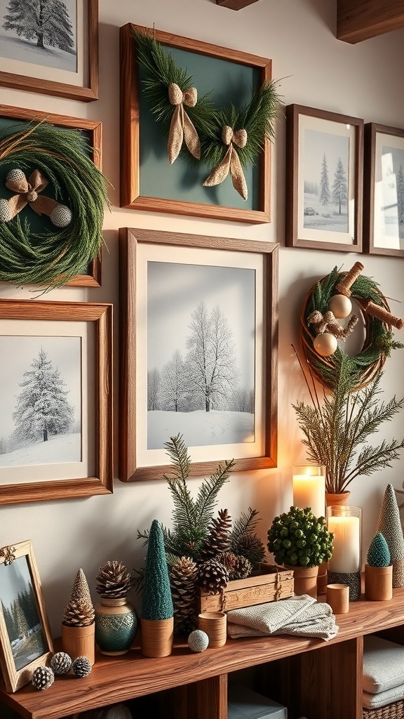A wall display featuring framed art and quotes, with a small Christmas tree and decorations.