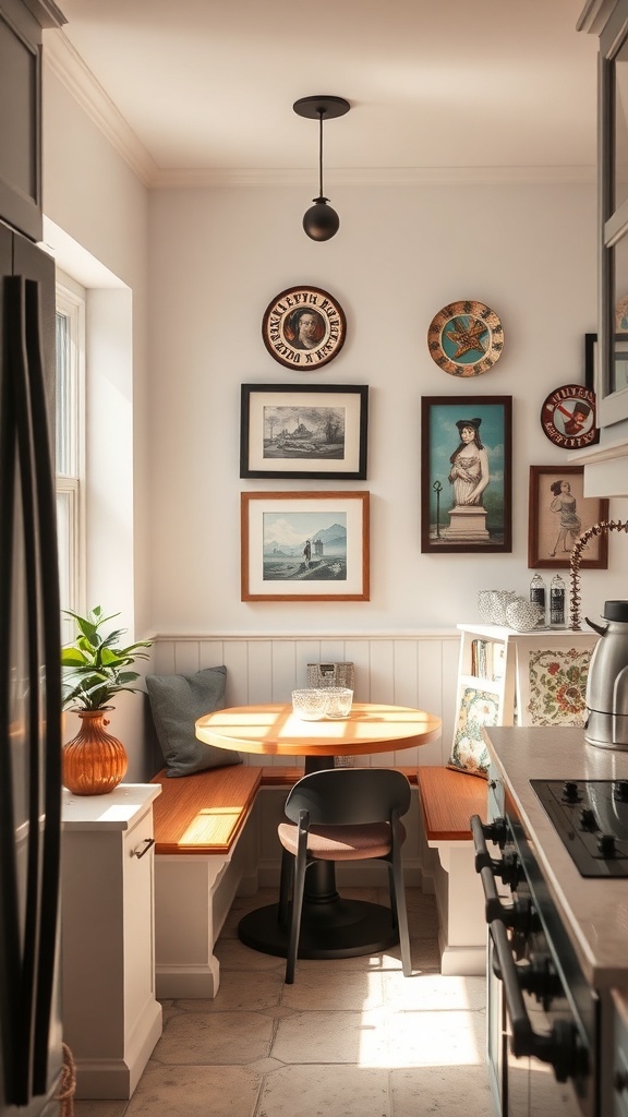 A cozy kitchen nook with a round table, chairs, and artful wall displays.