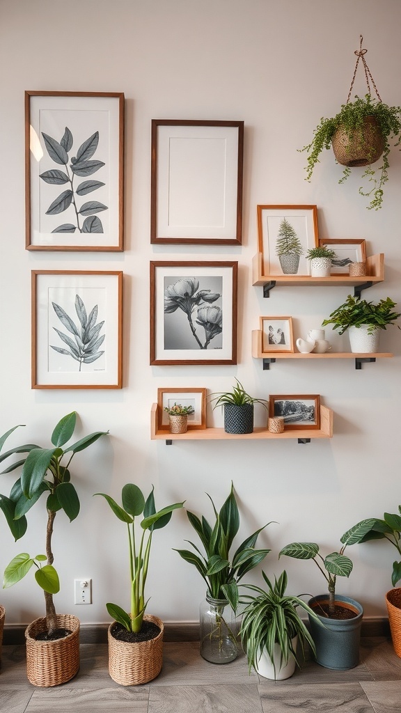 A stylish wall display featuring framed botanical art and shelves with plants.