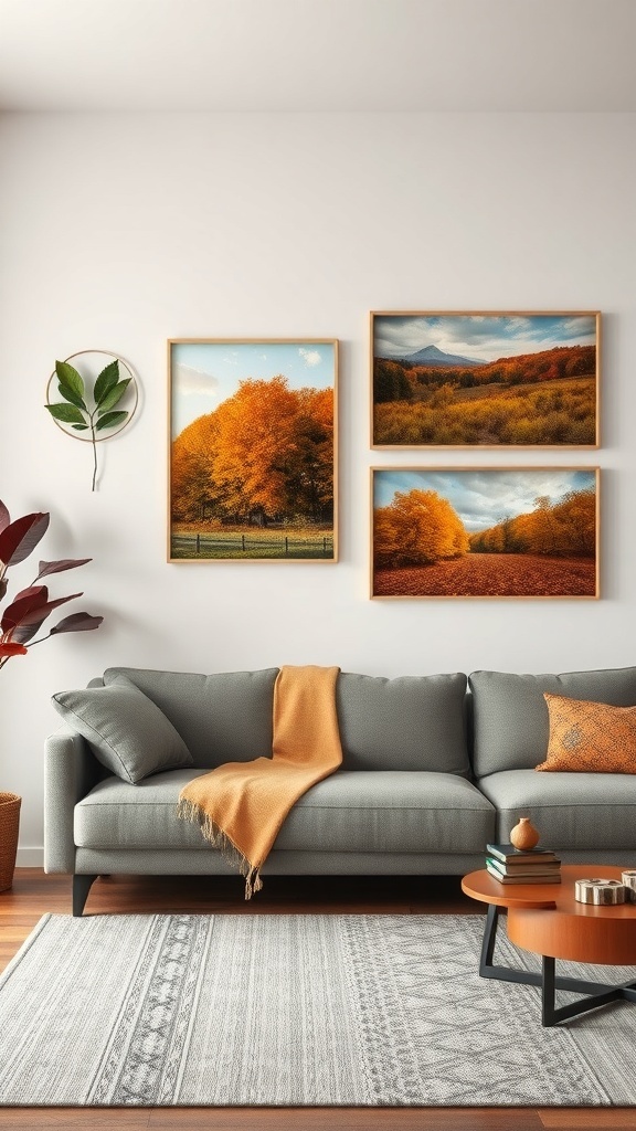 A cozy living room featuring framed autumn landscape photos, a gray sofa, and warm decor.