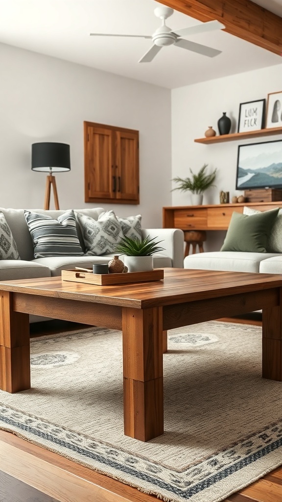 A modern farmhouse living room featuring a wooden coffee table with a tray on top, surrounded by a cozy sofa and decorative pillows.