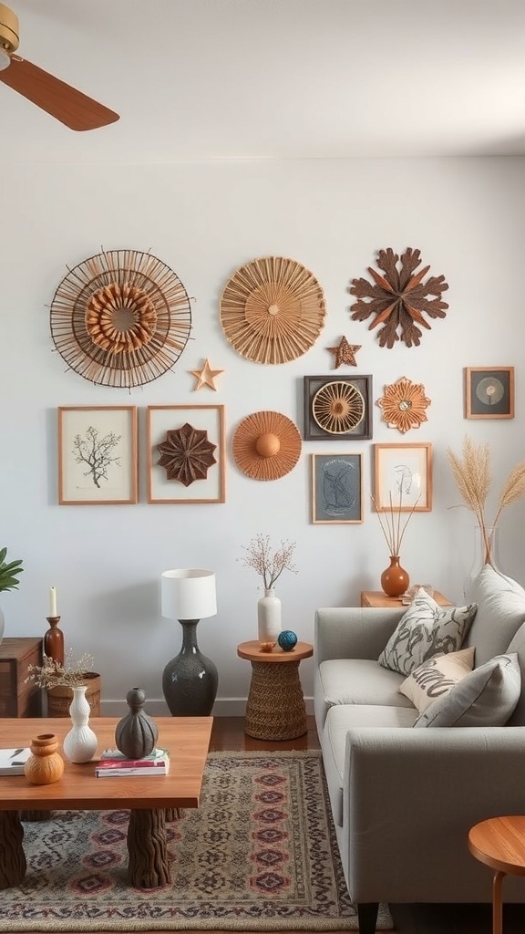 A modern rustic living room featuring artisan-crafted decor, including woven wall art and textured vases.