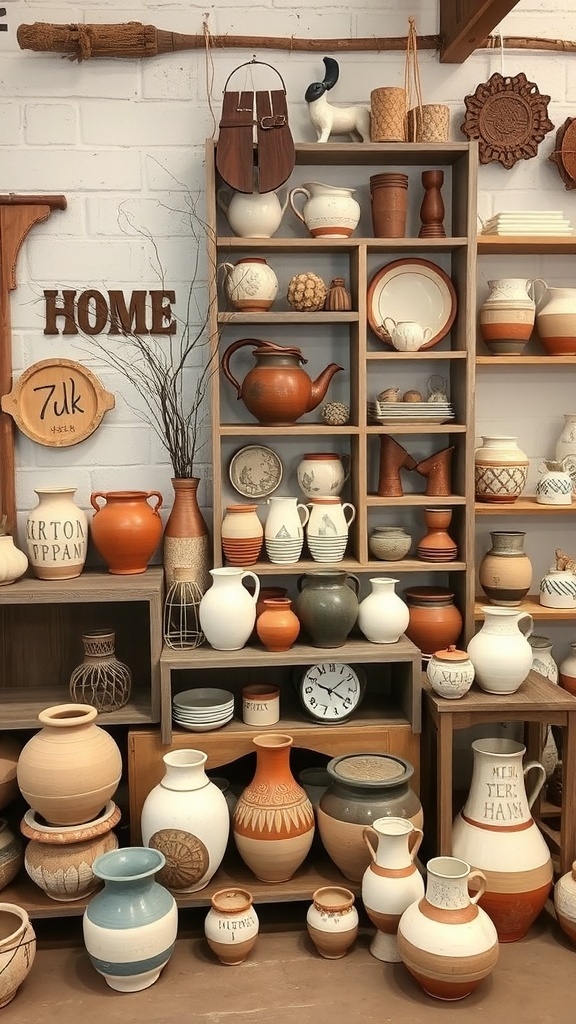 A collection of artisan pottery and decor items displayed on shelves.