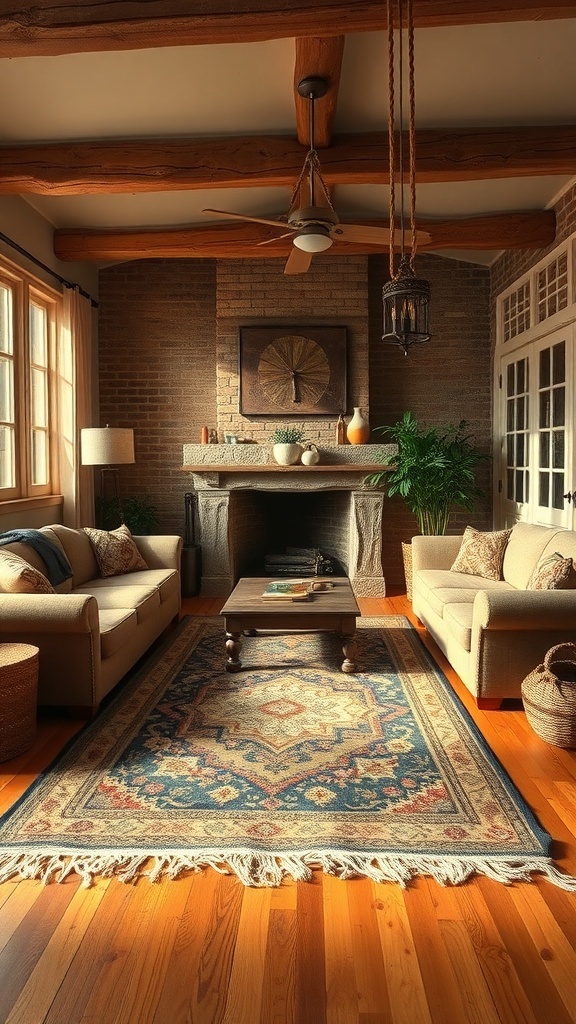 A rustic living room featuring artisan-style rugs, wooden beams, and cozy seating.