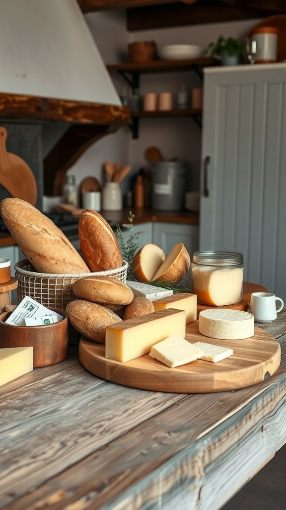 Artisan bread and cheese display in a farmhouse kitchen