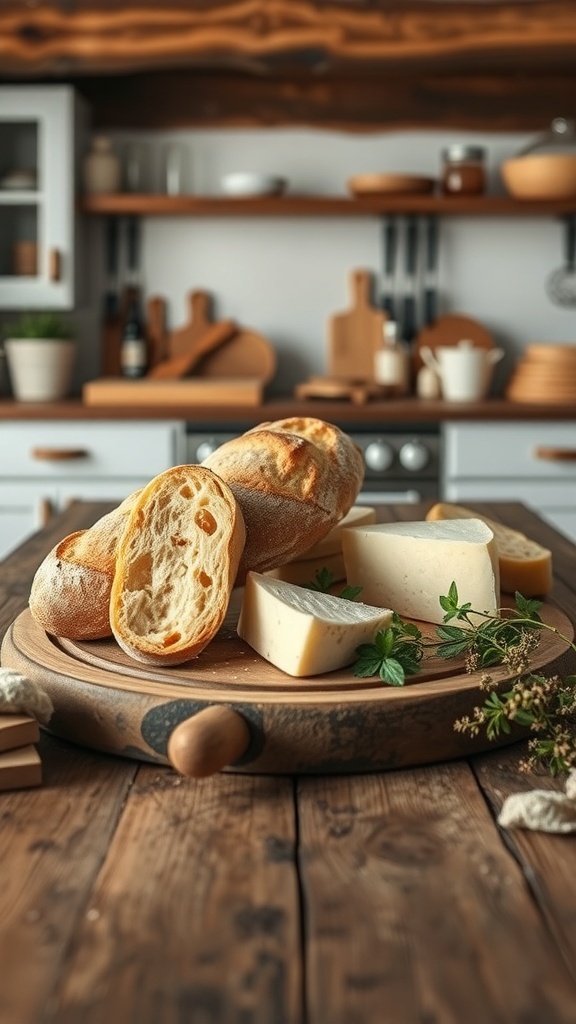 Artisan bread and cheese displayed on a wooden board in a rustic kitchen