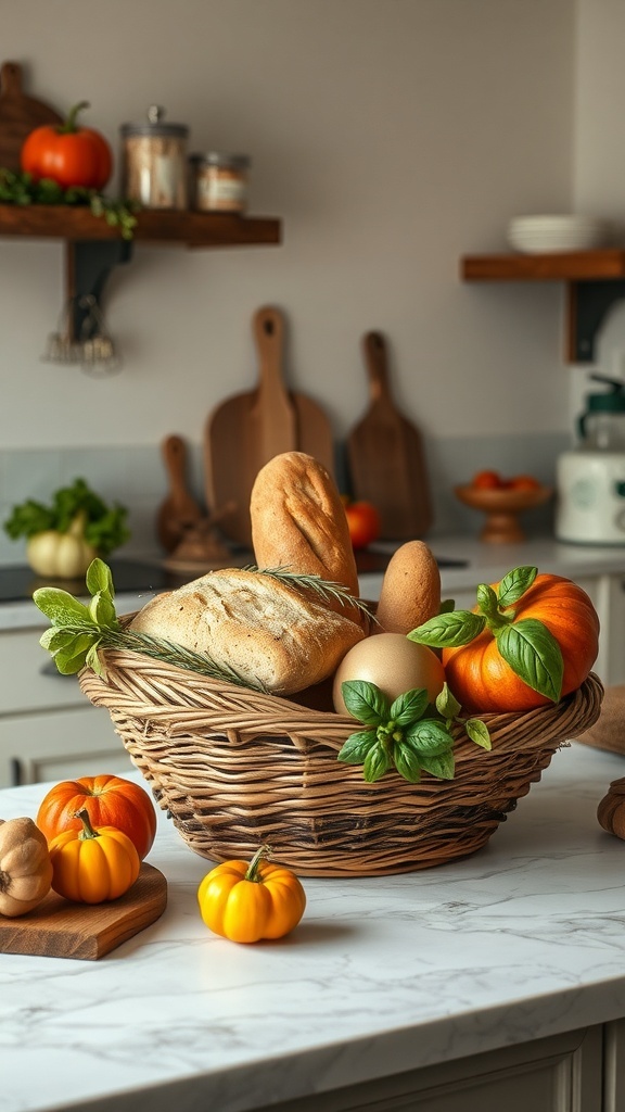 A basket filled with artisan bread, pumpkins, and fresh herbs in a cozy kitchen setting.