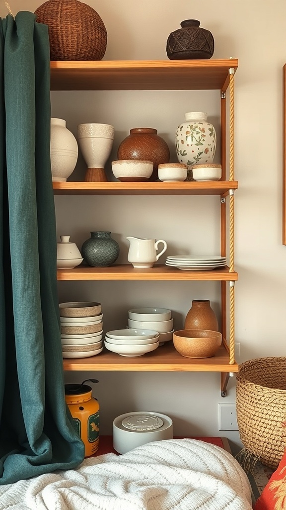 A display of artisan ceramics on wooden shelves in a boho dorm room.