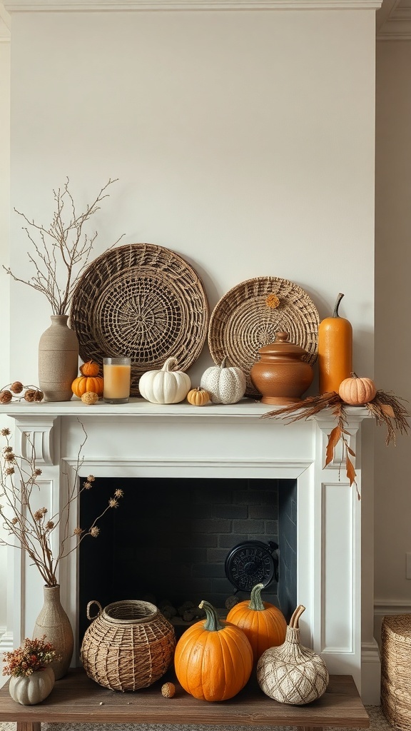A cozy fall decor display on a mantel featuring woven baskets, pumpkins, and pottery.