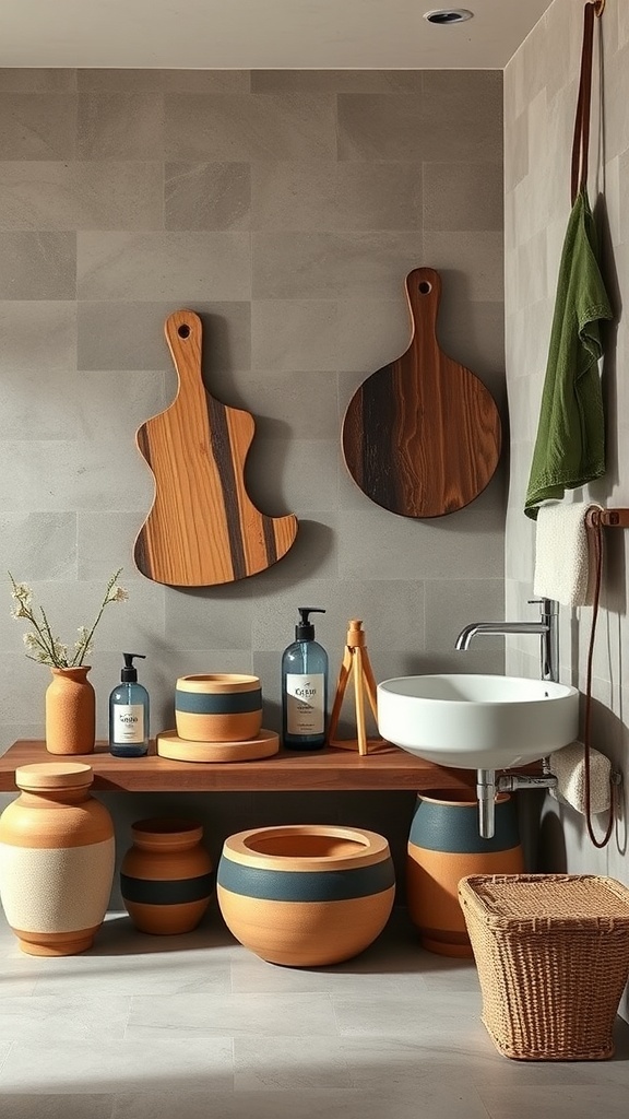 Modern rustic bathroom with artisan crafted accessories including handmade pots and wooden accents.
