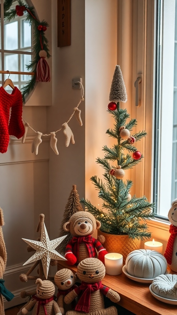 A cozy Christmas bedroom decorated with artisan crafted decor, featuring small trees, knitted toys, and festive pillows.