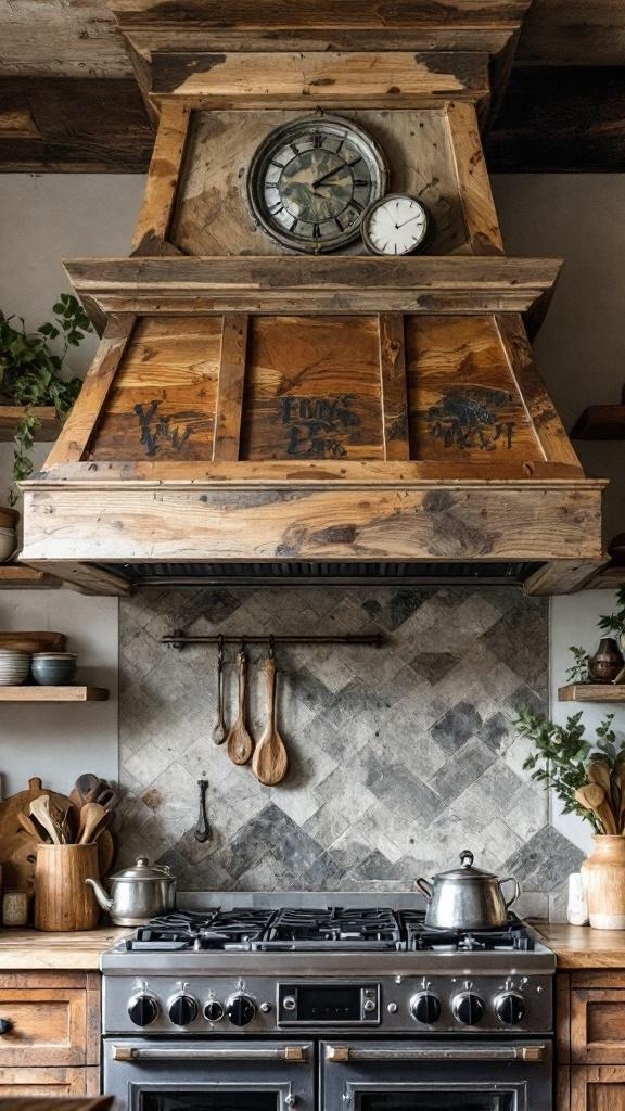 Artisan crafted kitchen hood made of wood with a clock, surrounded by kitchen utensils and a stone backsplash.
