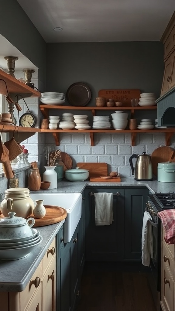 A cozy farmhouse kitchen with artisan crafted kitchenware on display.