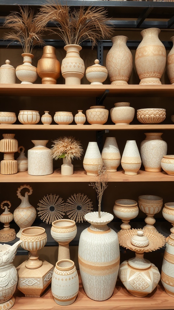 A collection of artisan pottery and vases on display.