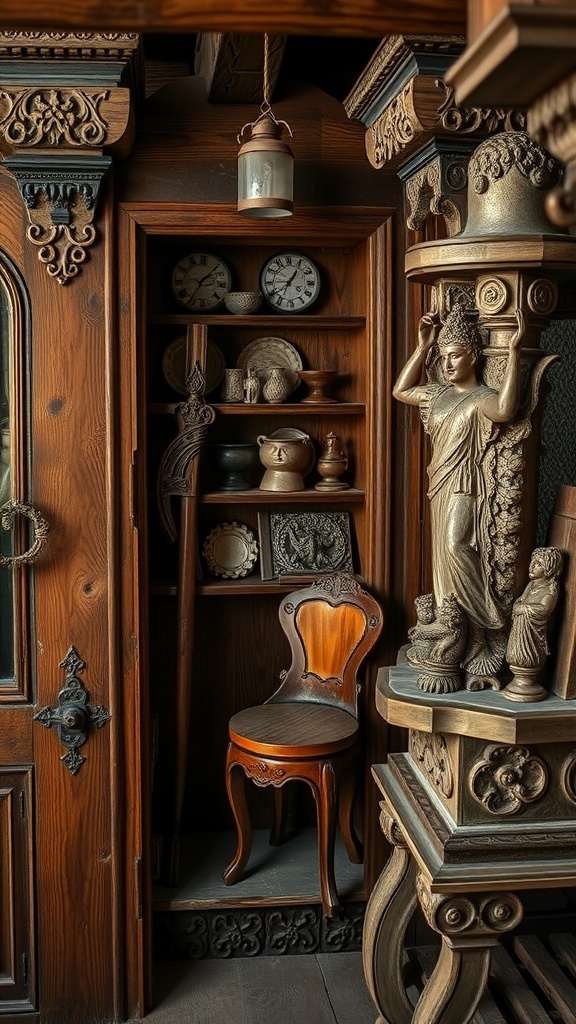 A cozy rustic interior featuring detailed woodwork, vintage decor, and a carved statue.