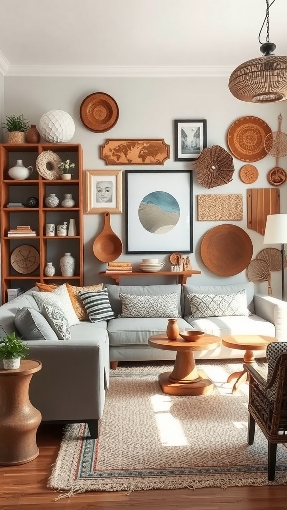 Cozy farmhouse living room with artisan decor and warm colors.