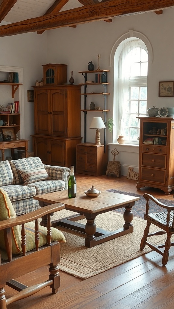 A cozy cottage living room featuring artisan wooden furniture, including a plaid sofa, wooden coffee table, and shelves.