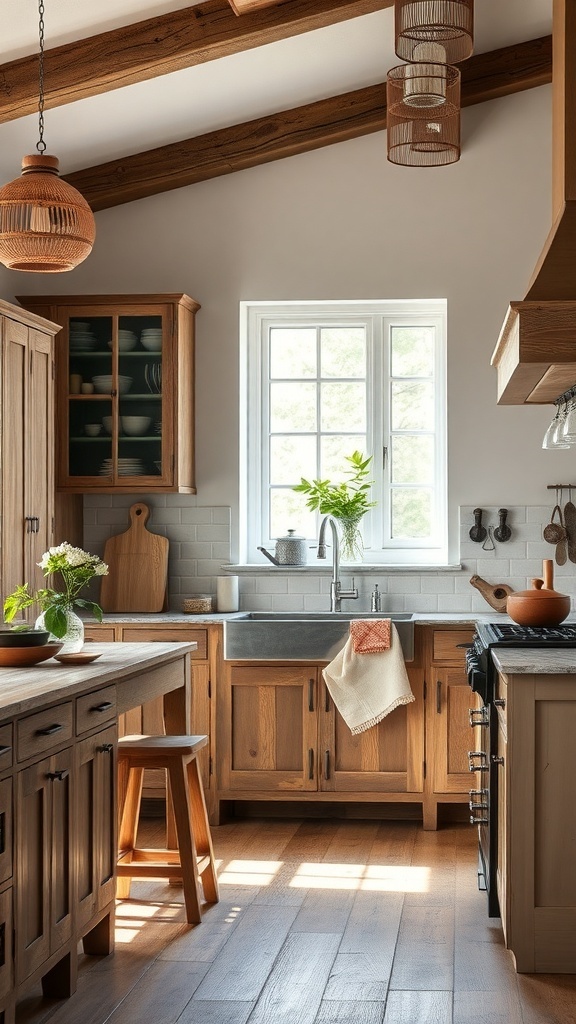 A rustic modern kitchen featuring wooden cabinets, a farmhouse sink, and stylish pendant lighting.