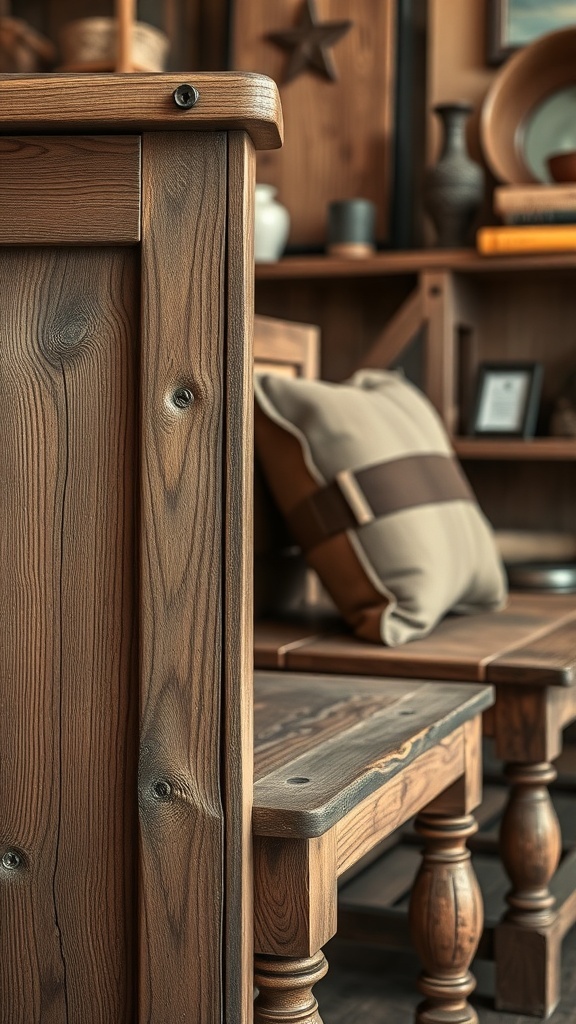 A close-up of rustic wooden furniture with a cozy cushion, highlighting artisan craftsmanship.
