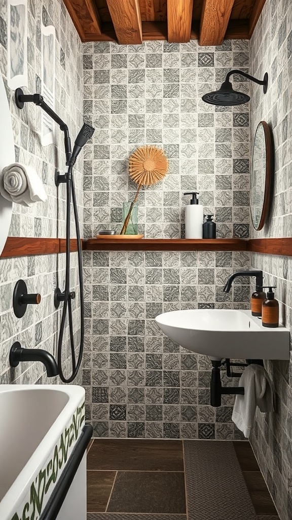 A rustic modern bathroom featuring unique tiles, natural wood beams, and stylish fixtures.