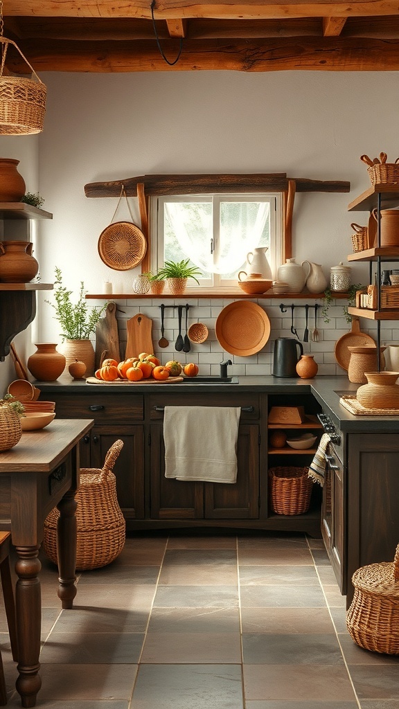 A rustic kitchen featuring handmade pottery, woven baskets, and wooden accents.
