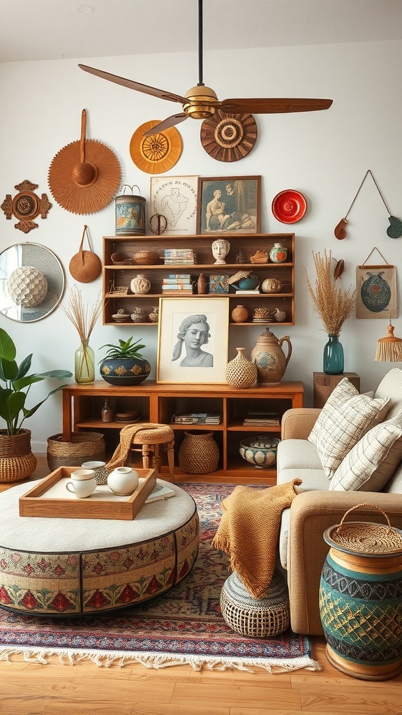 A cozy modern cottage living room featuring artisan decor and handmade touches.