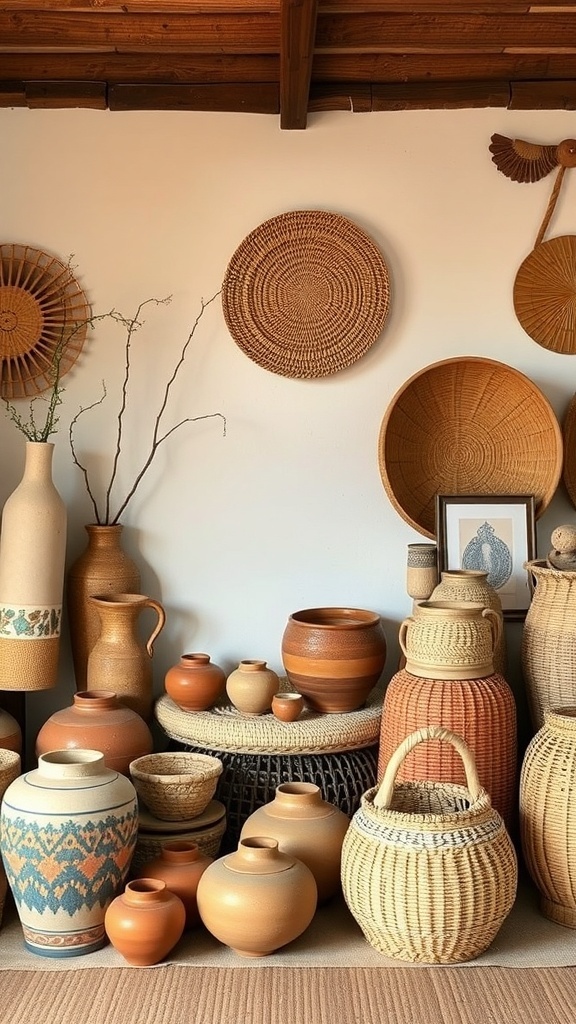 A collection of artisan pottery and woven baskets arranged on a shelf, showcasing earthy tones and textures.