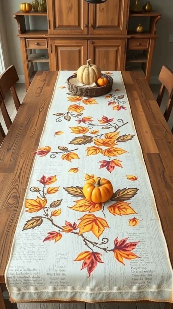 A hand-painted table runner featuring autumn leaves, set on a wooden table with pumpkins.