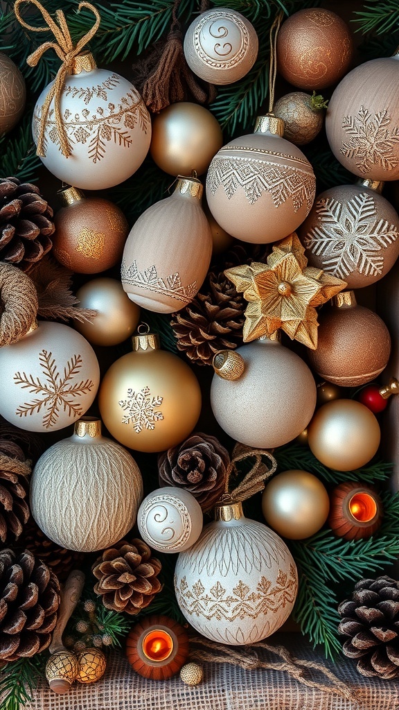 A collection of artisan holiday crafts including handmade ornaments and decorations.