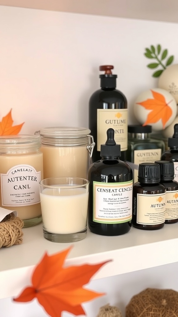 A display of artisan candles and essential oils with autumn leaves.