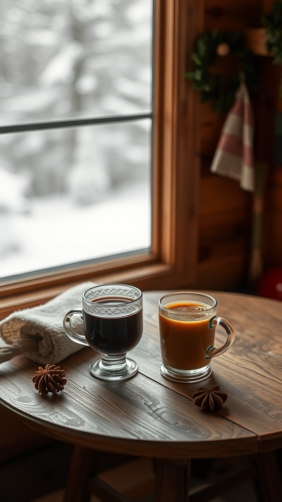 Two mugs of hot drinks on a wooden table with a snowy window view