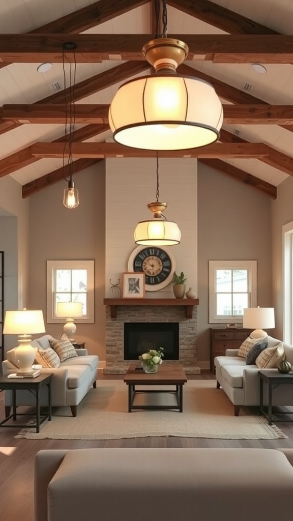 A cozy farmhouse living room with artisan lighting fixtures.