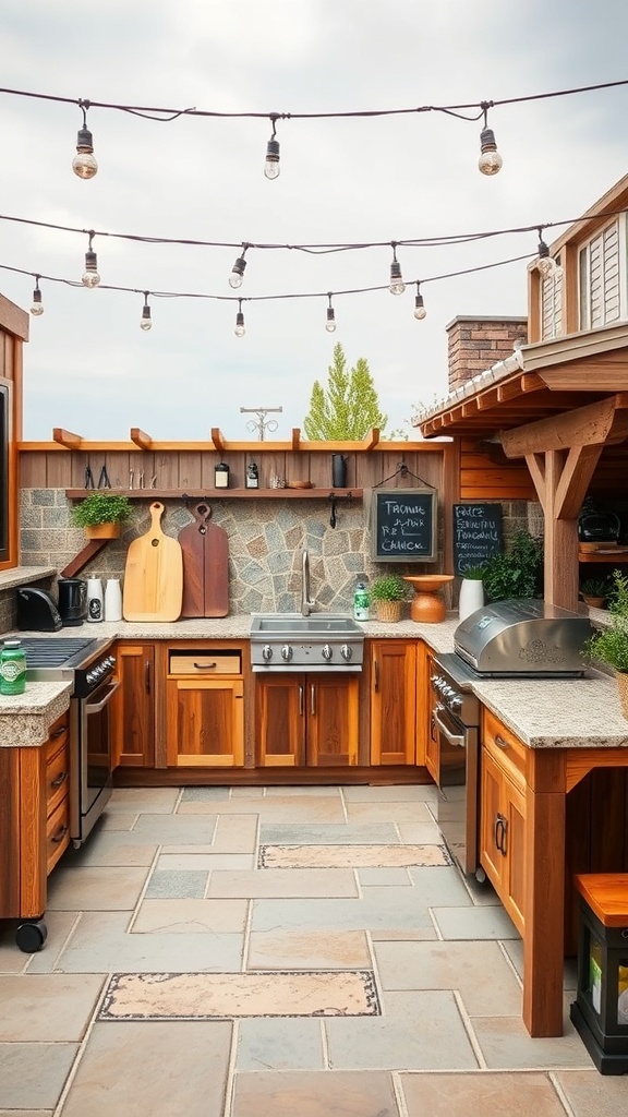 Artisan outdoor cooking station with wooden cabinets, stone countertops, and string lights