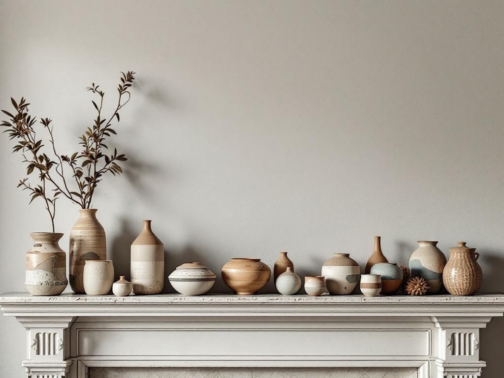 A collection of artisan pottery vases and bowls arranged on a mantel with branches.