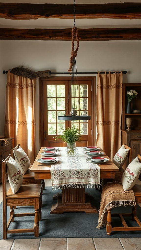 A rustic dining area featuring artisan textiles, including a woven table runner and embroidered cushions.