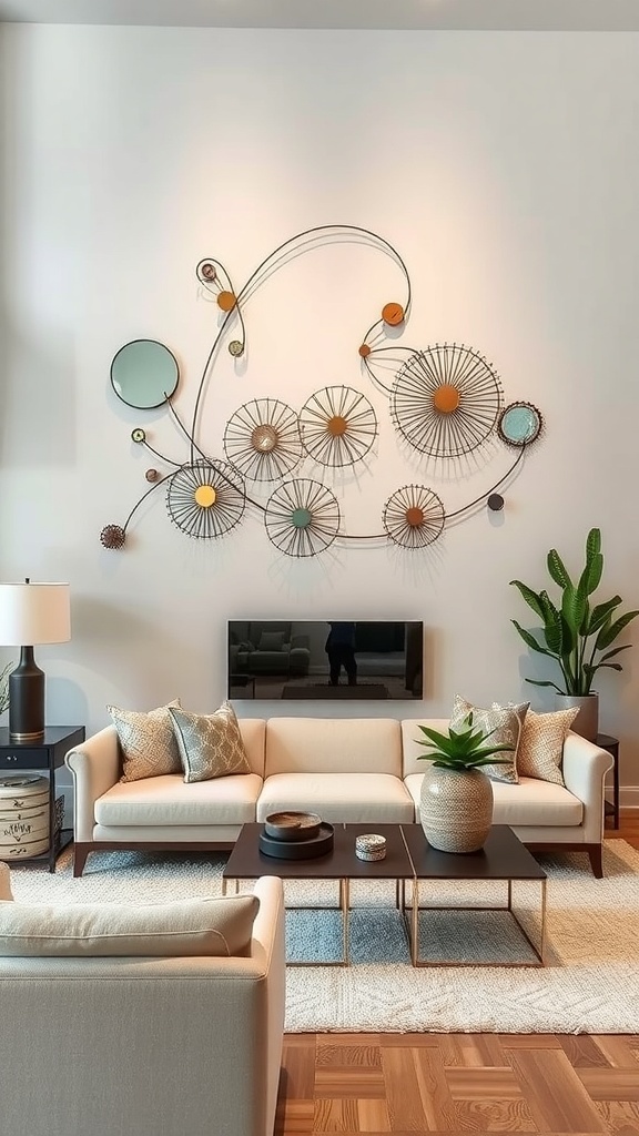 Artisan wall sculpture with bold letters and swirls above a neutral sofa