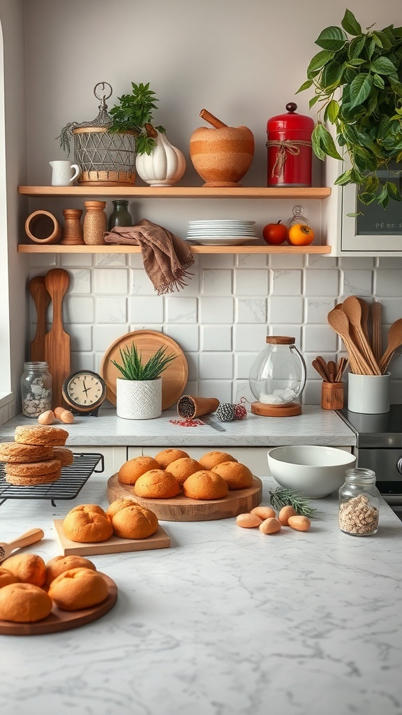 A cozy kitchen with freshly baked goods and rustic decor.
