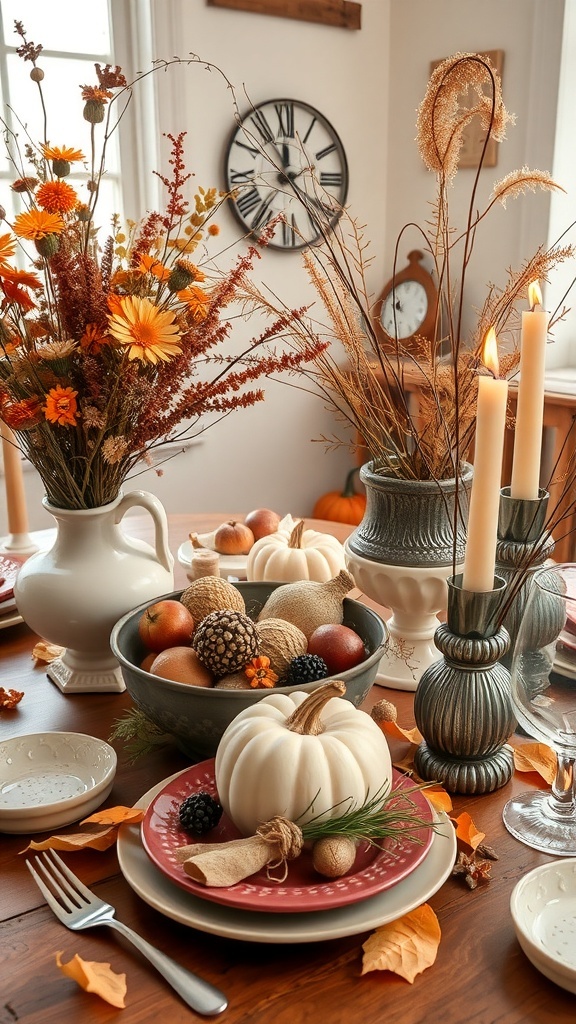 A Thanksgiving table decorated with dried flowers, pumpkins, and candles.