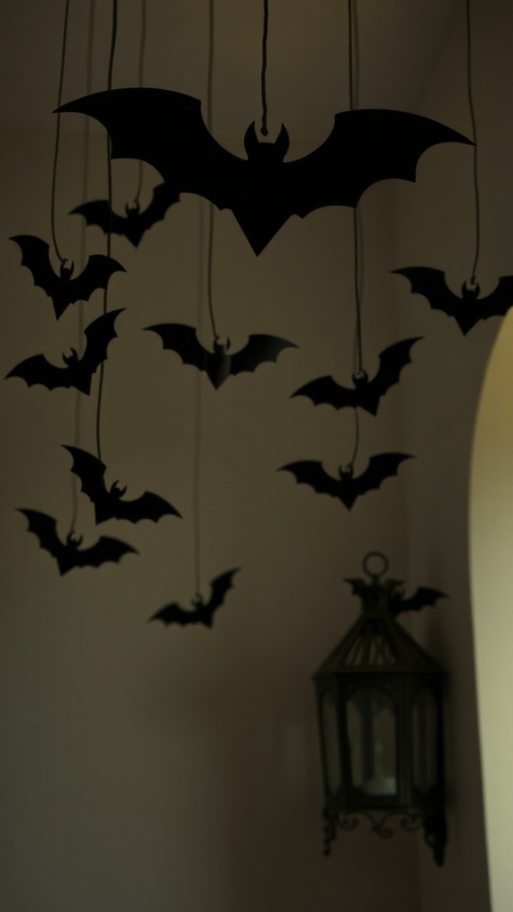 Hanging black bat silhouettes against a wall with a lantern
