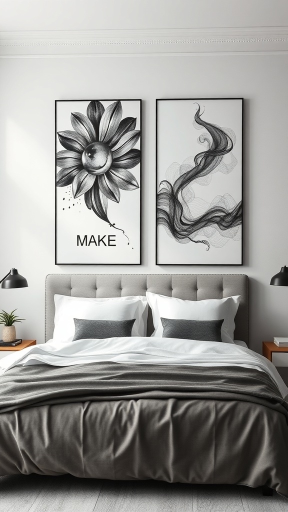 A stylish black and silver bedroom featuring artistic wall art.