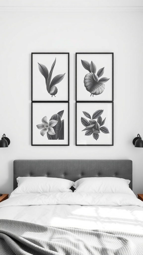 Black and white botanical wall art in a stylish bedroom