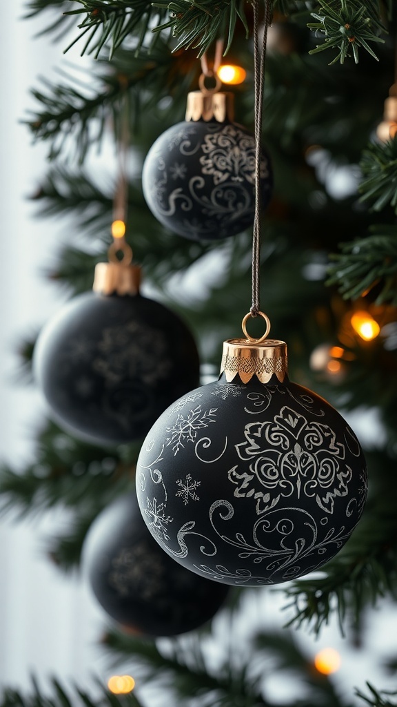 Artistic black Christmas baubles hanging on a tree.
