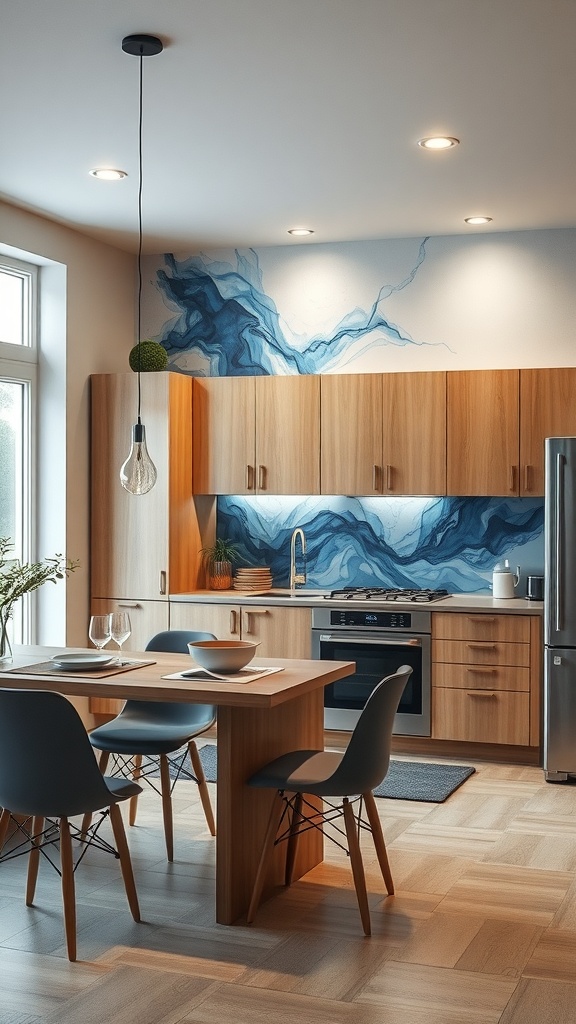A modern kitchen featuring a blue mural with flowing designs on the wall, complemented by wooden cabinets and a dining table.