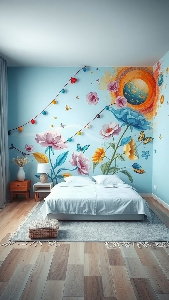 A light blue bedroom featuring a colorful mural with flowers and butterflies.