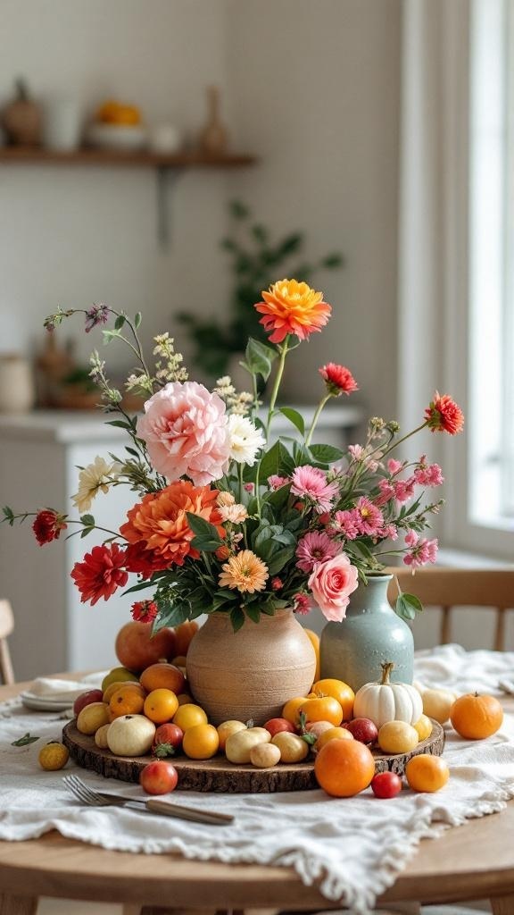 A kitchen table centerpiece featuring a vase of colorful flowers surrounded by various fruits.