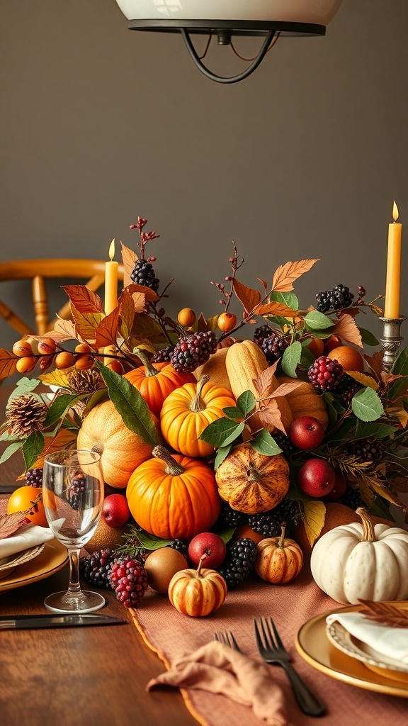 A Thanksgiving table centerpiece featuring seasonal fruits, pumpkins, and colorful leaves.