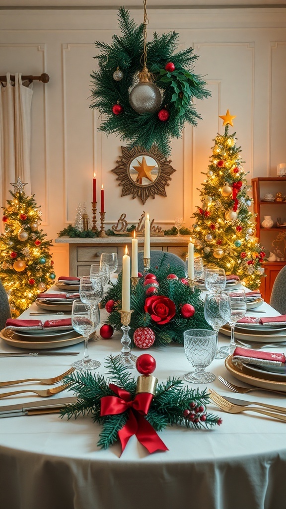 A beautifully decorated Christmas table with a centerpiece of pine branches, ornaments, and candles.